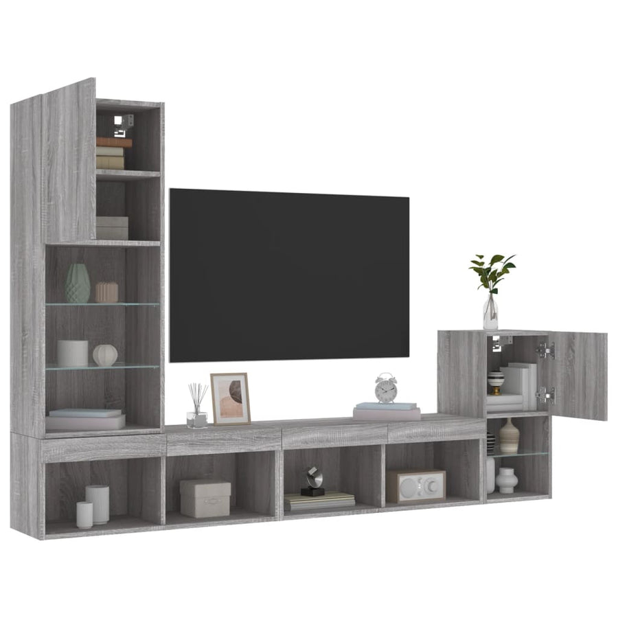 4-delige Tv-wandmeubelset met LED bewerkt hout grijs sonoma