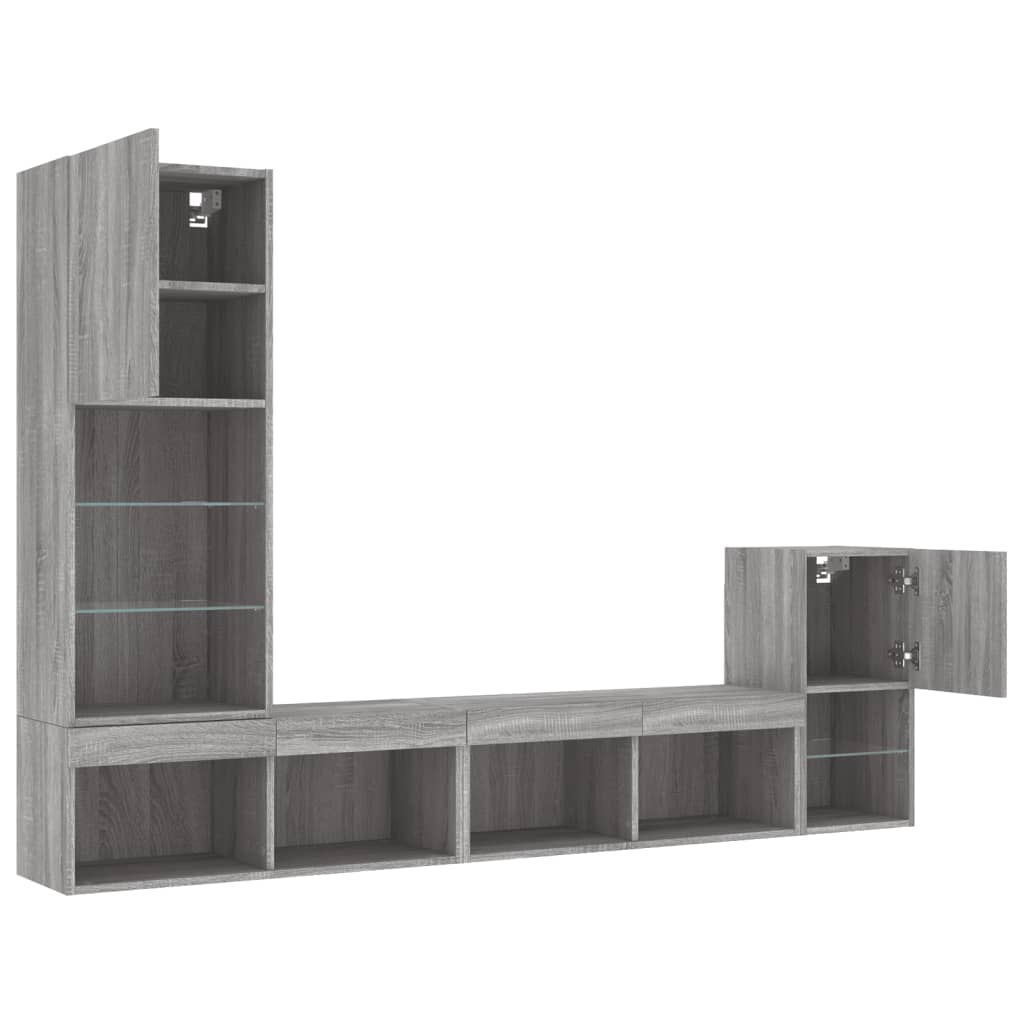 4-delige Tv-wandmeubelset met LED bewerkt hout grijs sonoma