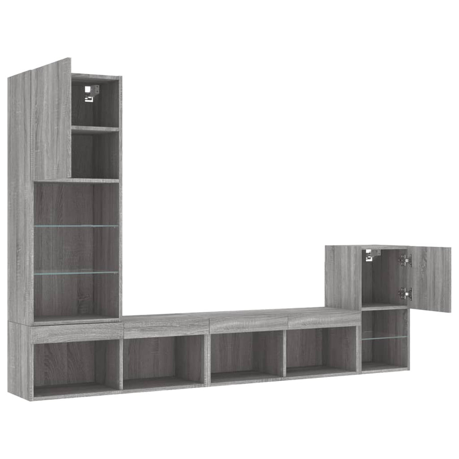 4-delige Tv-wandmeubelset met LED bewerkt hout grijs sonoma