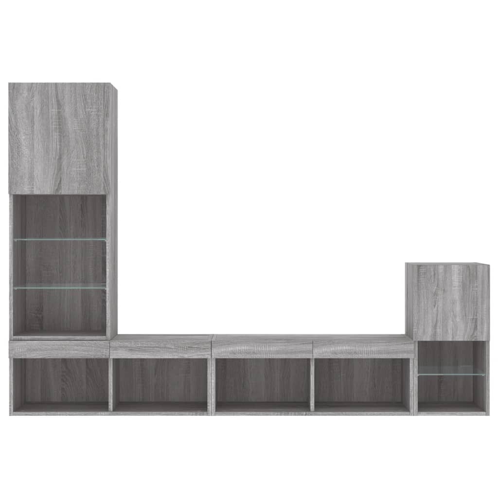 4-delige Tv-wandmeubelset met LED bewerkt hout grijs sonoma
