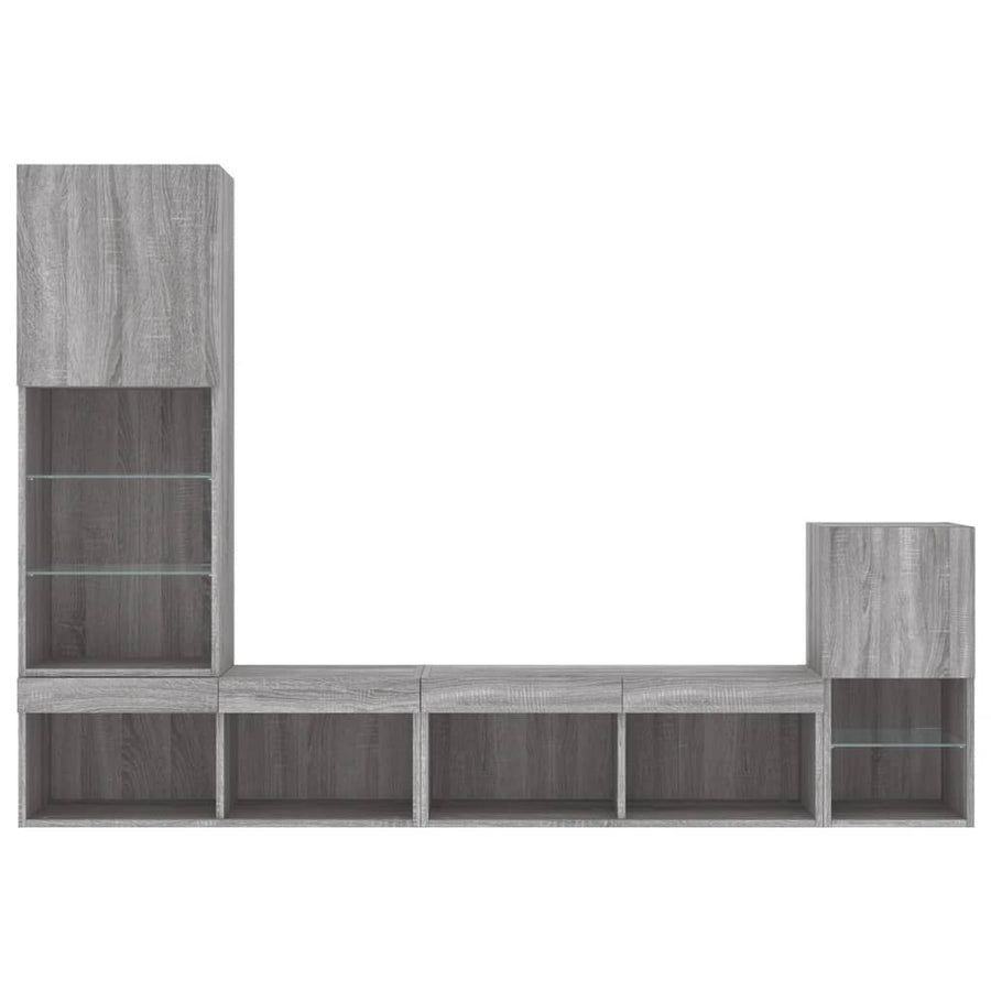 4-delige Tv-wandmeubelset met LED bewerkt hout grijs sonoma