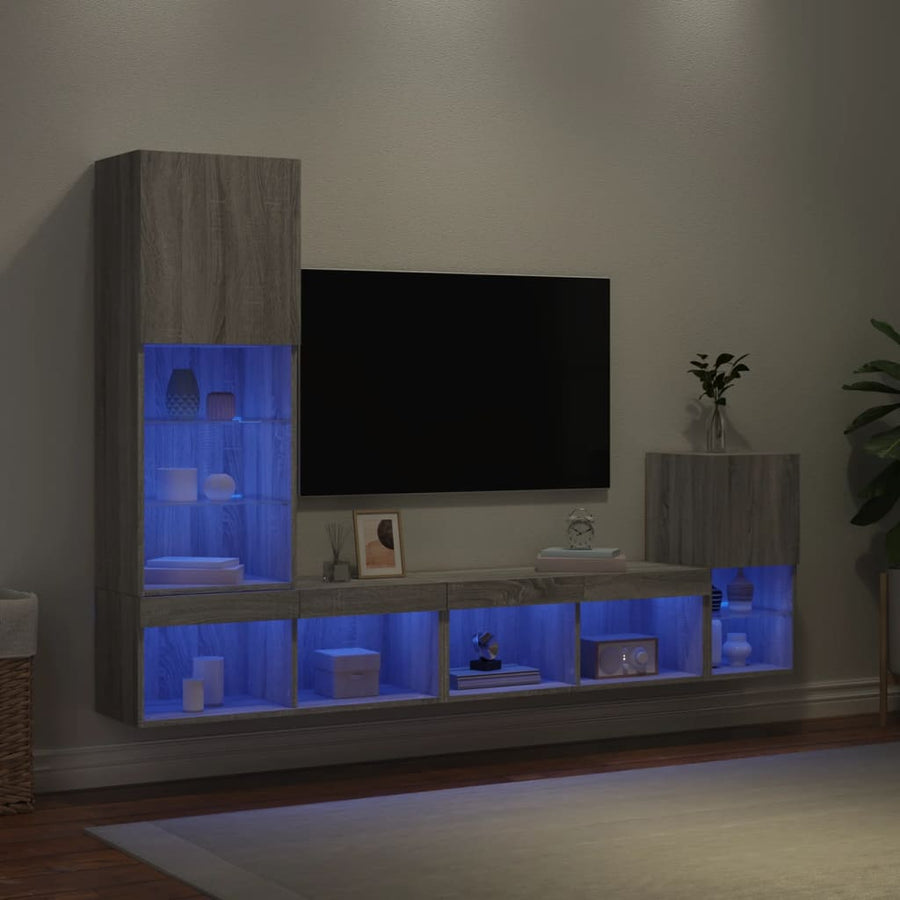 4-delige Tv-wandmeubelset met LED bewerkt hout grijs sonoma