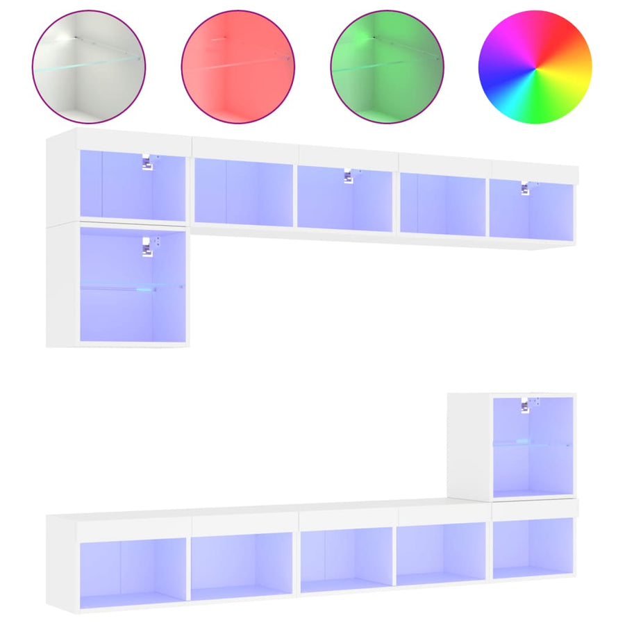 8-Delige Tv-Wandmeubelset Met Led-Verlichting Bewerkt Hout Wit
