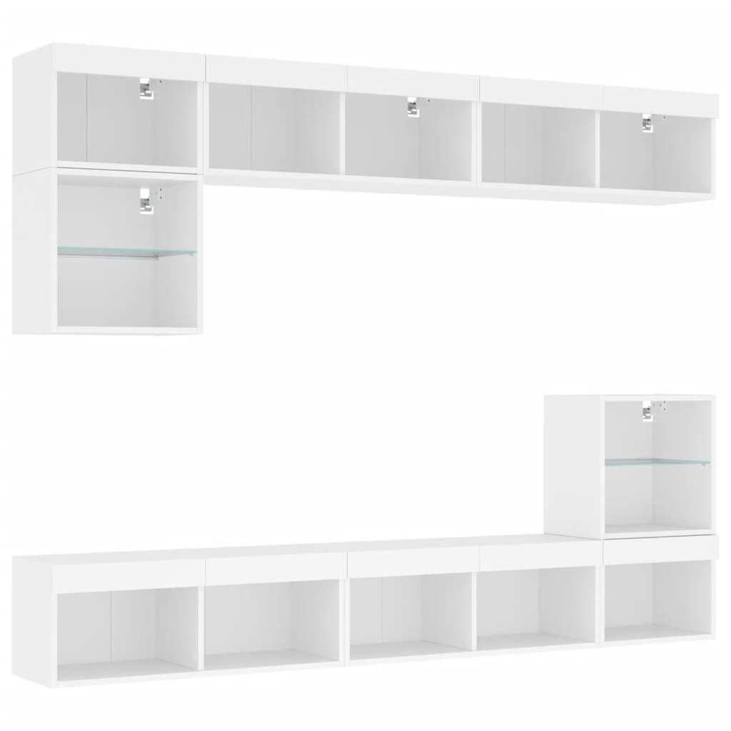 8-Delige Tv-Wandmeubelset Met Led-Verlichting Bewerkt Hout Wit