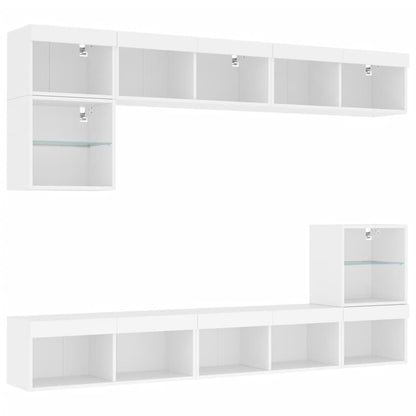 8-Delige Tv-Wandmeubelset Met Led-Verlichting Bewerkt Hout Wit