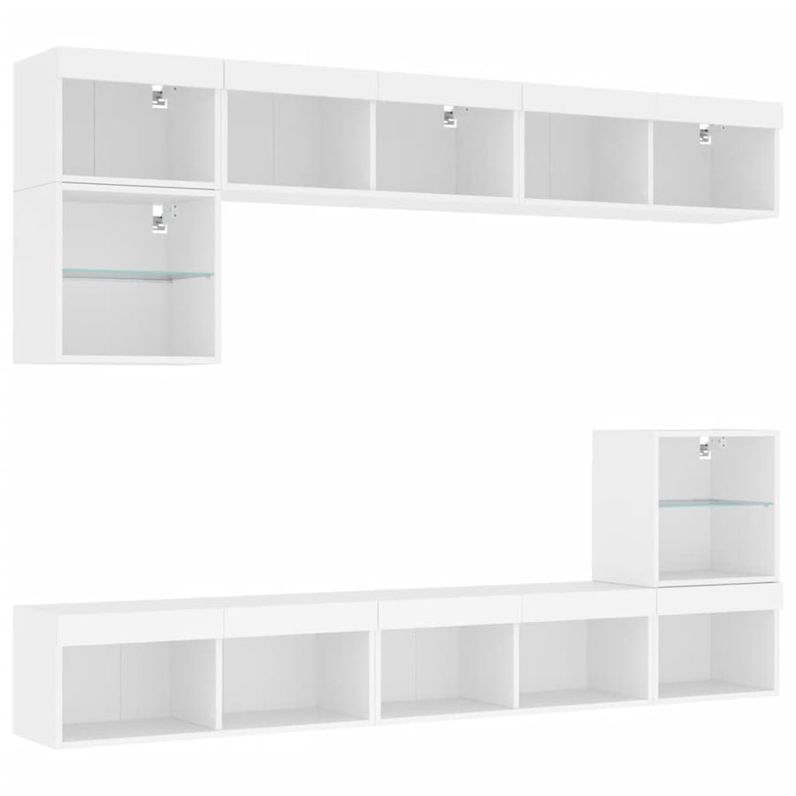8-Delige Tv-Wandmeubelset Met Led-Verlichting Bewerkt Hout Wit
