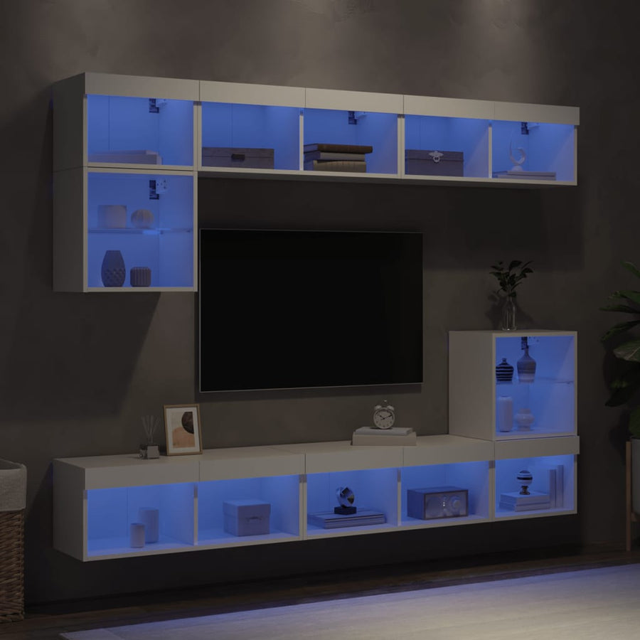 8-Delige Tv-Wandmeubelset Met Led-Verlichting Bewerkt Hout Wit