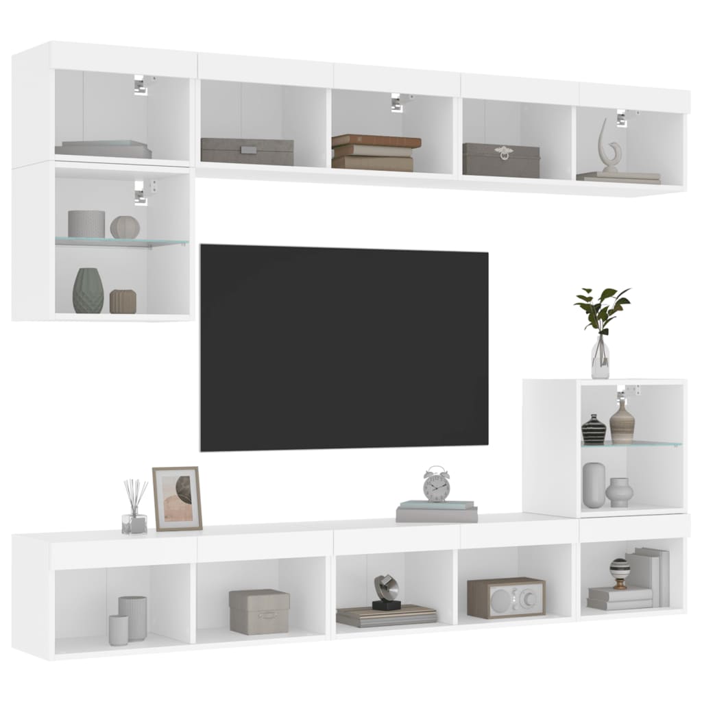 8-Delige Tv-Wandmeubelset Met Led-Verlichting Bewerkt Hout Wit