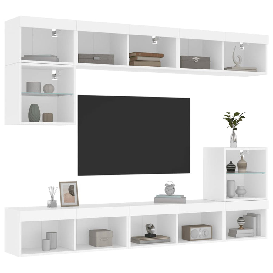 8-Delige Tv-Wandmeubelset Met Led-Verlichting Bewerkt Hout Wit