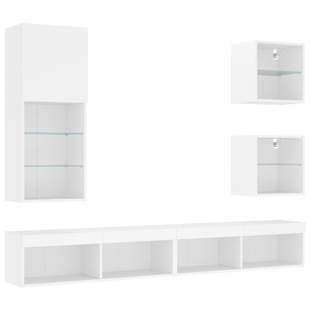 5-Delige Tv-Wandmeubelset Met Led-Verlichting Bewerkt Hout Wit