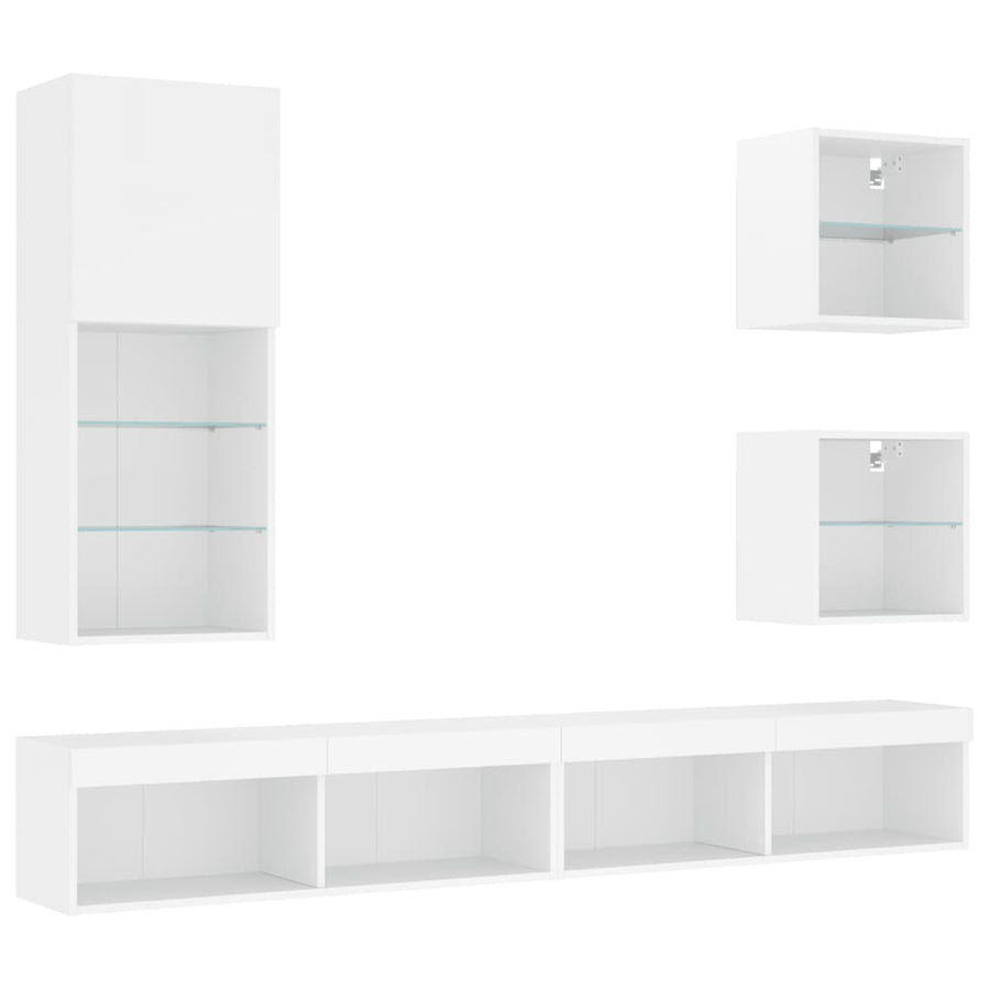 5-Delige Tv-Wandmeubelset Met Led-Verlichting Bewerkt Hout Wit
