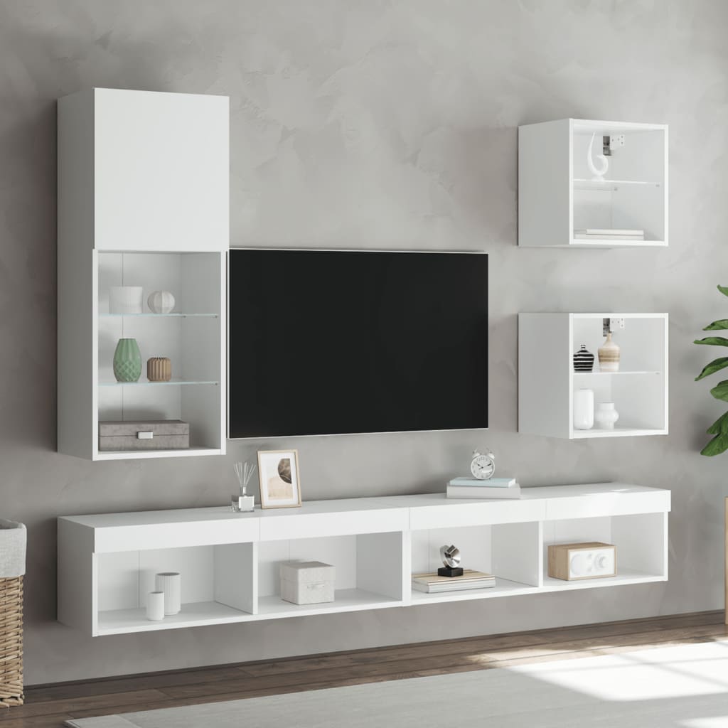 5-Delige Tv-Wandmeubelset Met Led-Verlichting Bewerkt Hout Wit
