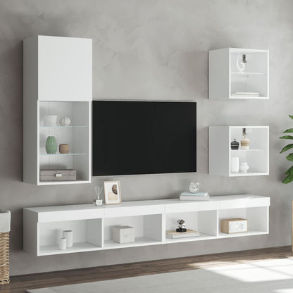 5-Delige Tv-Wandmeubelset Met Led-Verlichting Bewerkt Hout Wit