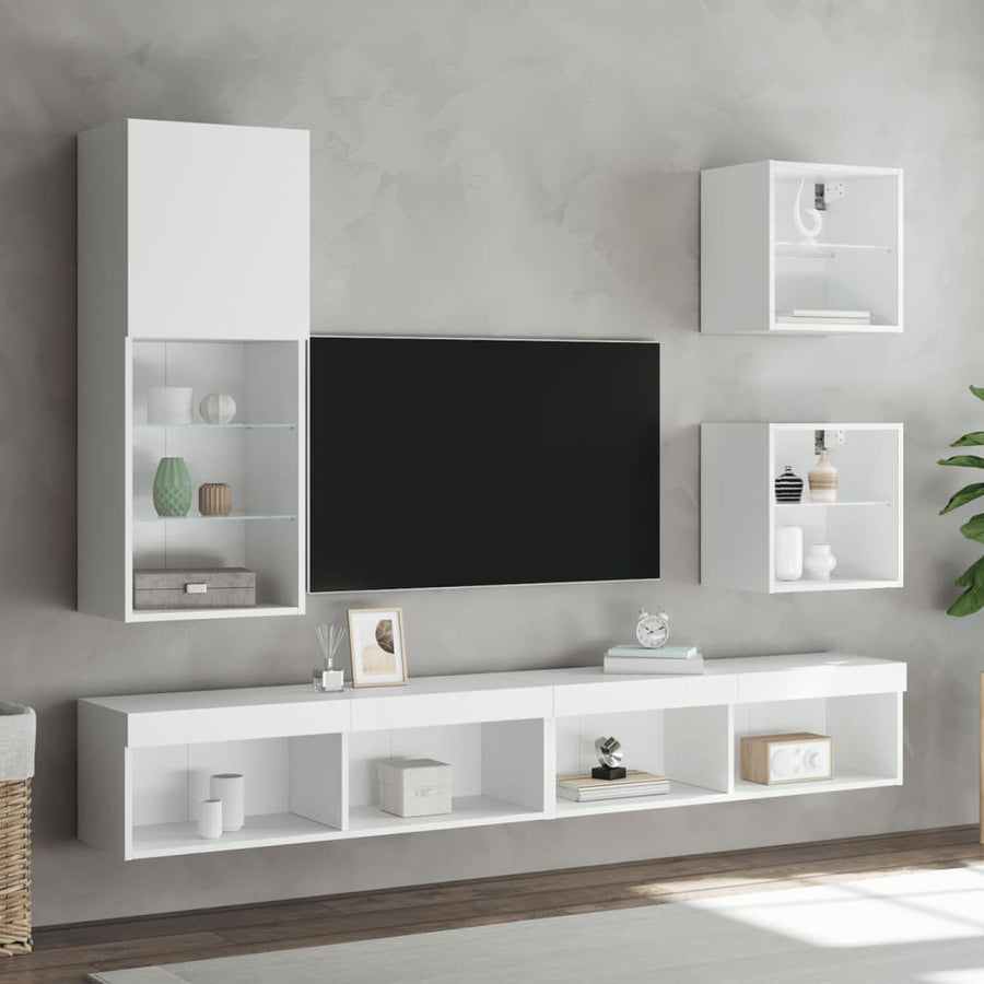 5-Delige Tv-Wandmeubelset Met Led-Verlichting Bewerkt Hout Wit