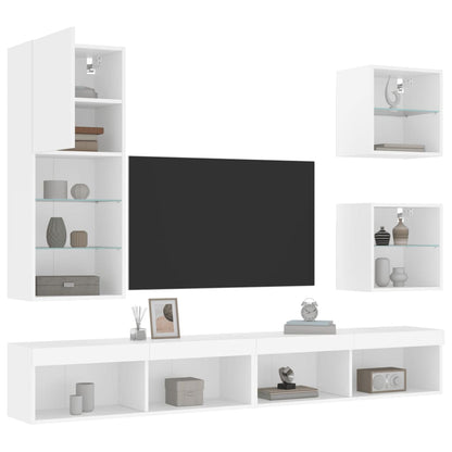 5-Delige Tv-Wandmeubelset Met Led-Verlichting Bewerkt Hout Wit