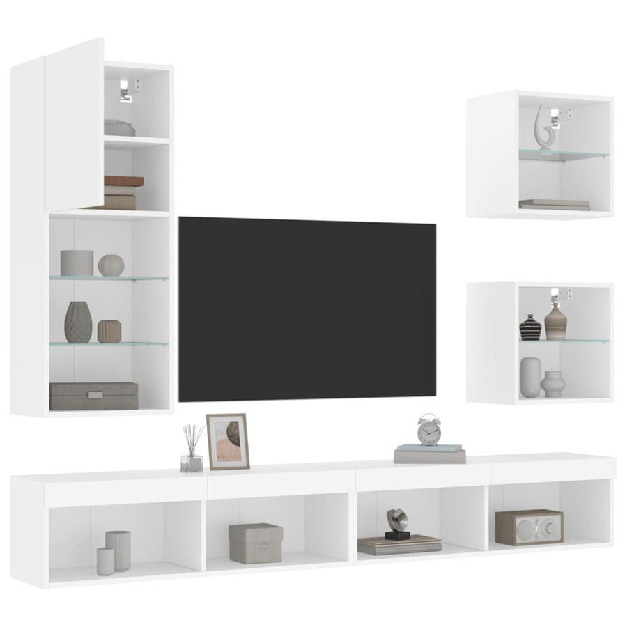 5-Delige Tv-Wandmeubelset Met Led-Verlichting Bewerkt Hout Wit