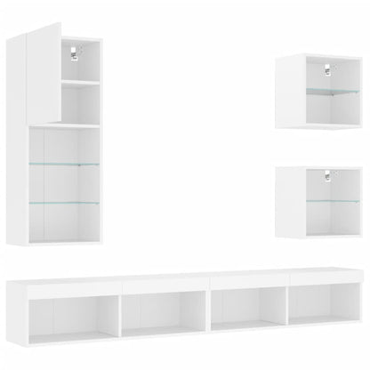 5-Delige Tv-Wandmeubelset Met Led-Verlichting Bewerkt Hout Wit
