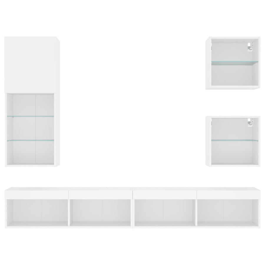 5-Delige Tv-Wandmeubelset Met Led-Verlichting Bewerkt Hout Wit