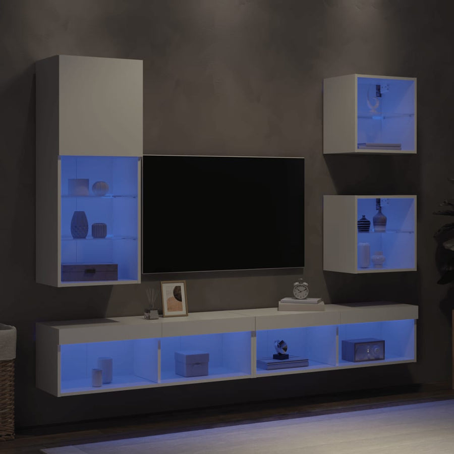 5-Delige Tv-Wandmeubelset Met Led-Verlichting Bewerkt Hout Wit