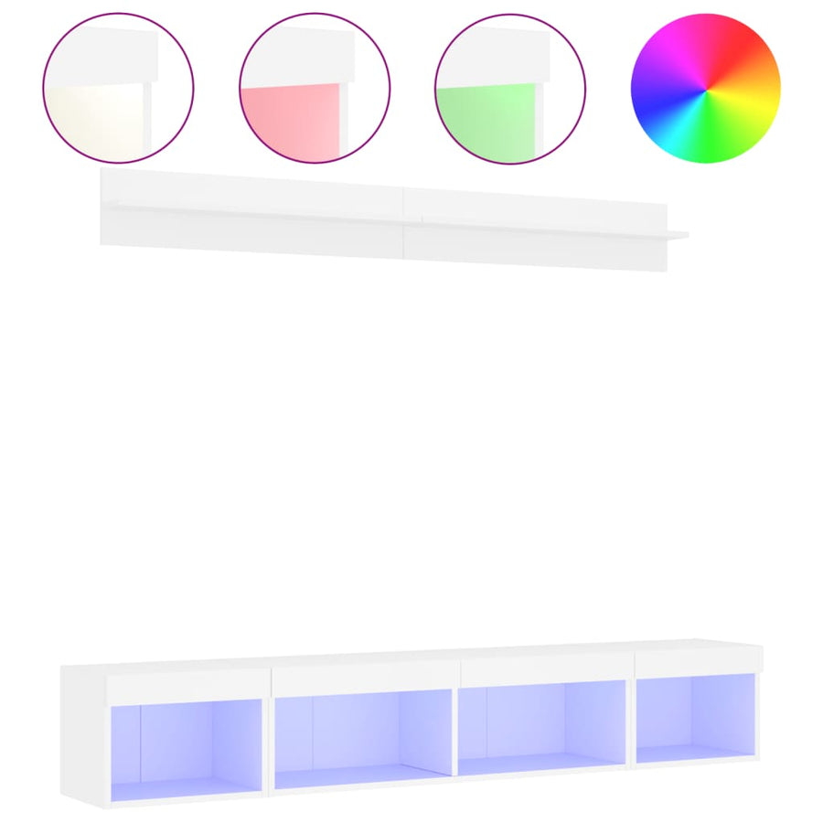 5-delige Tv-wandmeubelset met LED-verlichting bewerkt hout wit
