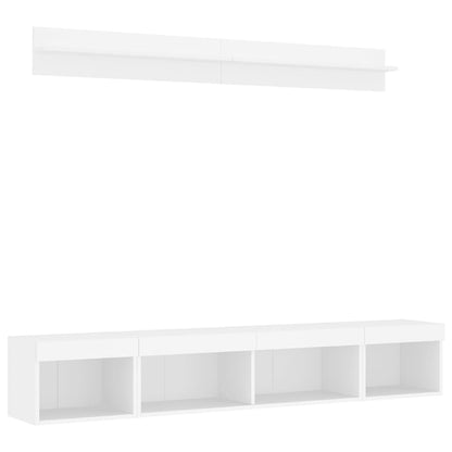 5-delige Tv-wandmeubelset met LED-verlichting bewerkt hout wit