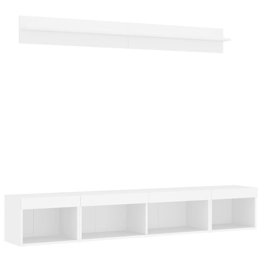 5-delige Tv-wandmeubelset met LED-verlichting bewerkt hout wit
