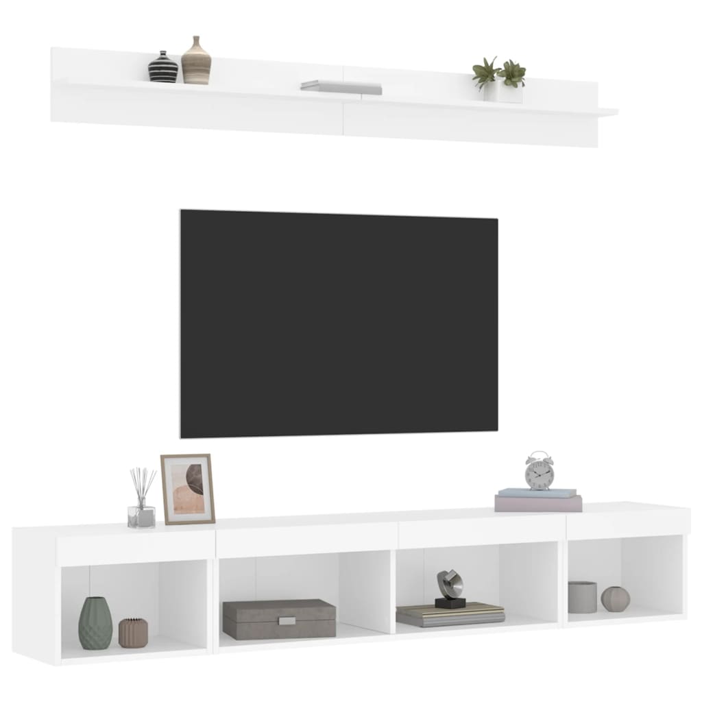 5-delige Tv-wandmeubelset met LED-verlichting bewerkt hout wit