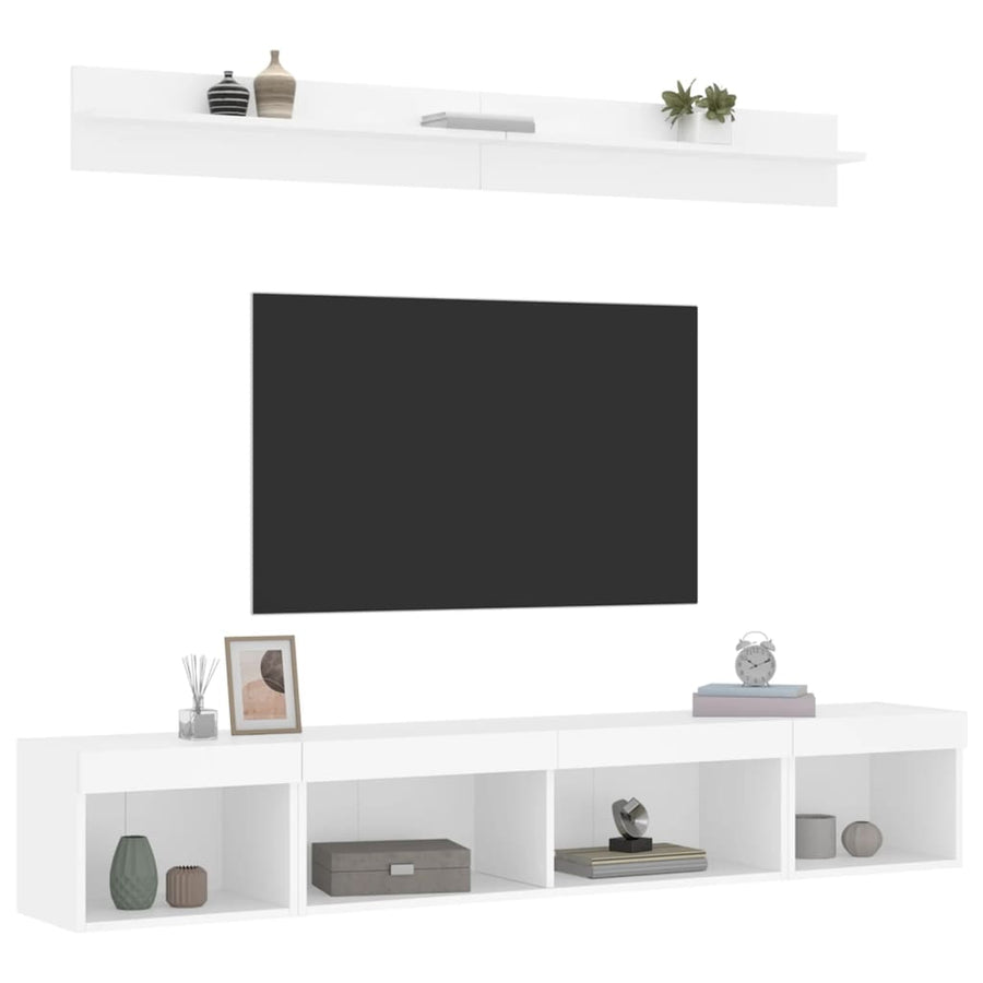 5-delige Tv-wandmeubelset met LED-verlichting bewerkt hout wit