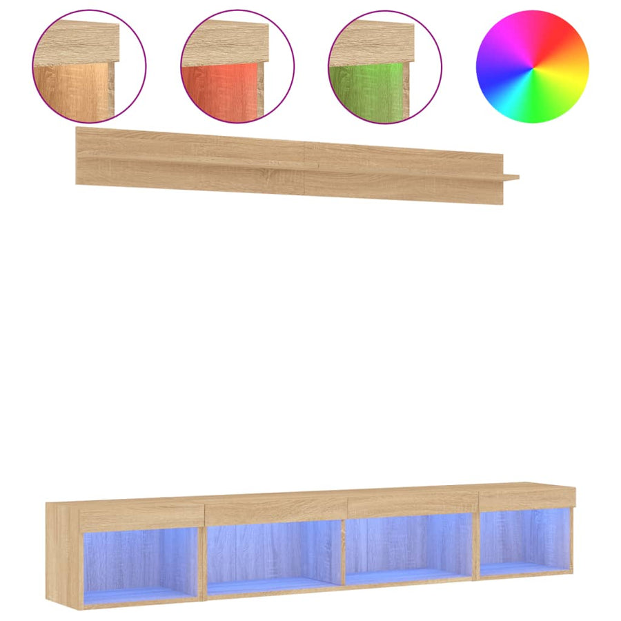 5-delige Tv-wandmeubelset met LED bewerkt hout sonoma eiken