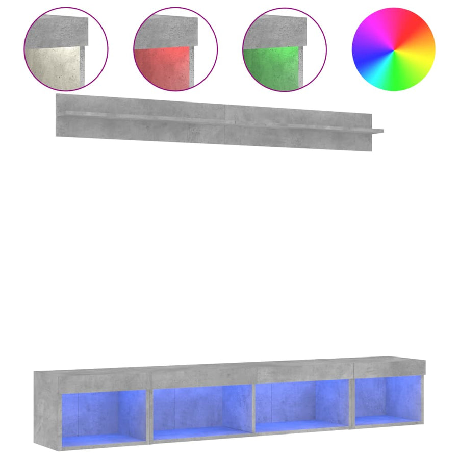 5-delige Tv-wandmeubelset met LED bewerkt hout betongrijs
