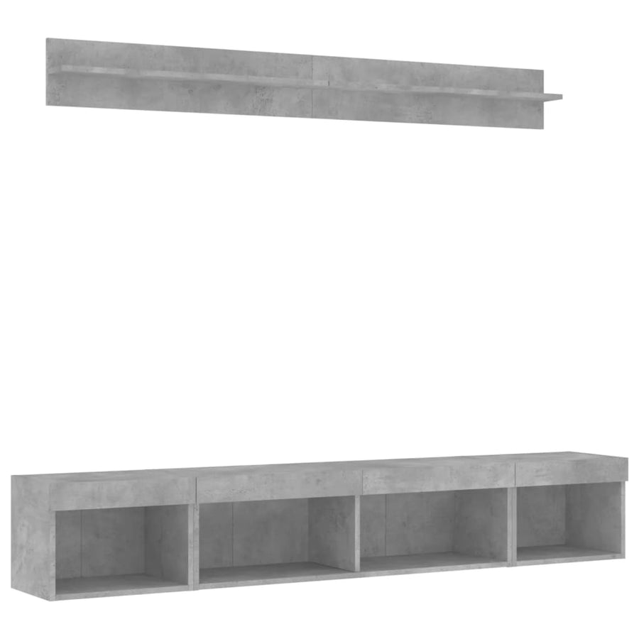 5-delige Tv-wandmeubelset met LED bewerkt hout betongrijs