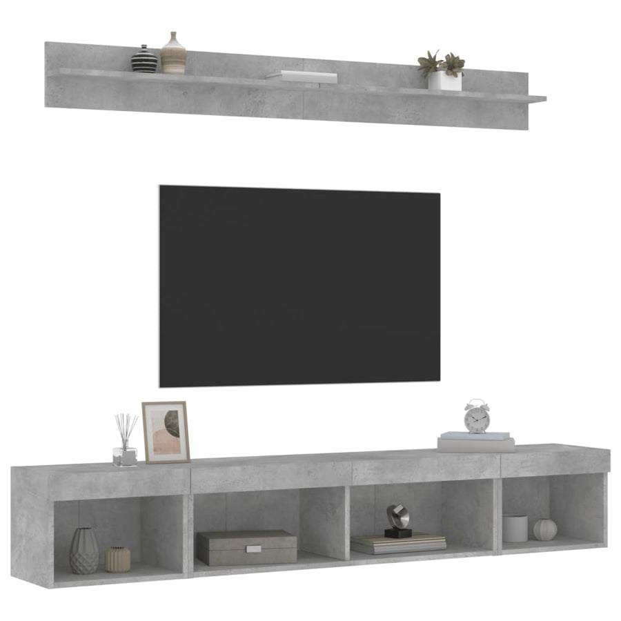 5-delige Tv-wandmeubelset met LED bewerkt hout betongrijs