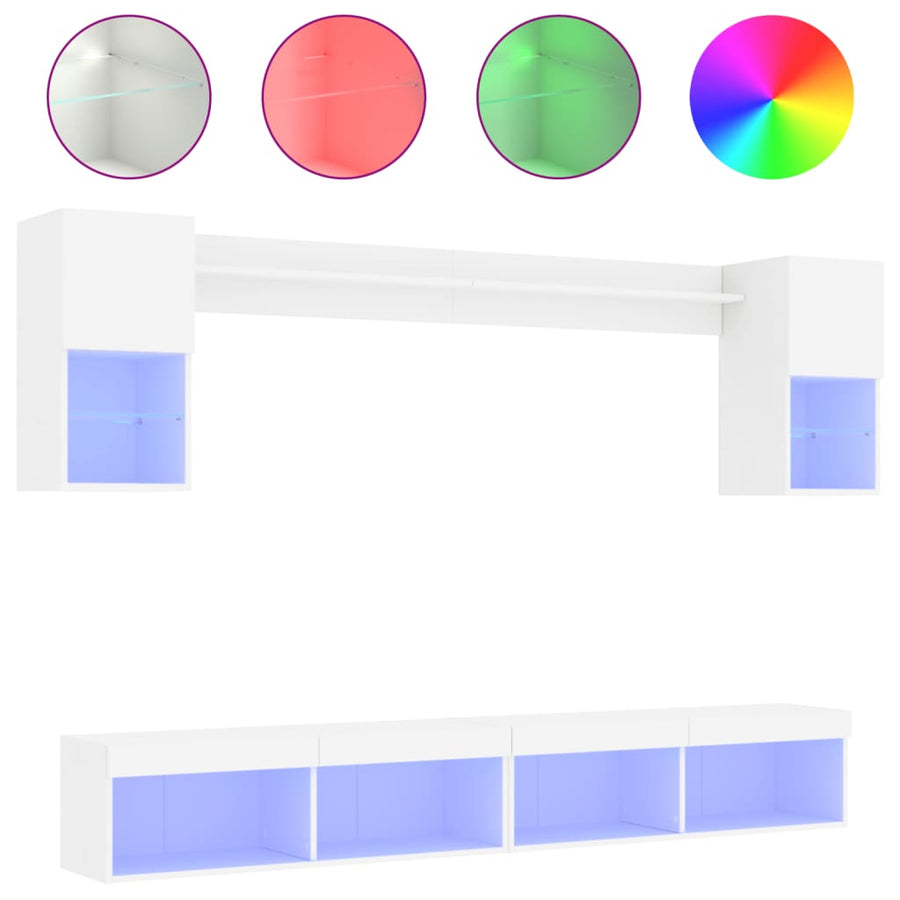 6-delige Tv-wandmeubelset met LED-verlichting bewerkt hout wit