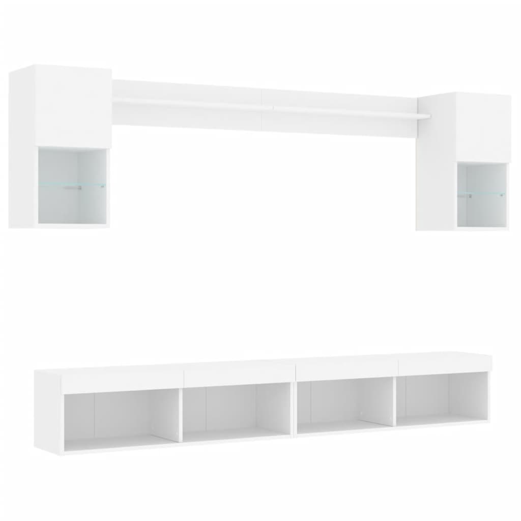 6-delige Tv-wandmeubelset met LED-verlichting bewerkt hout wit