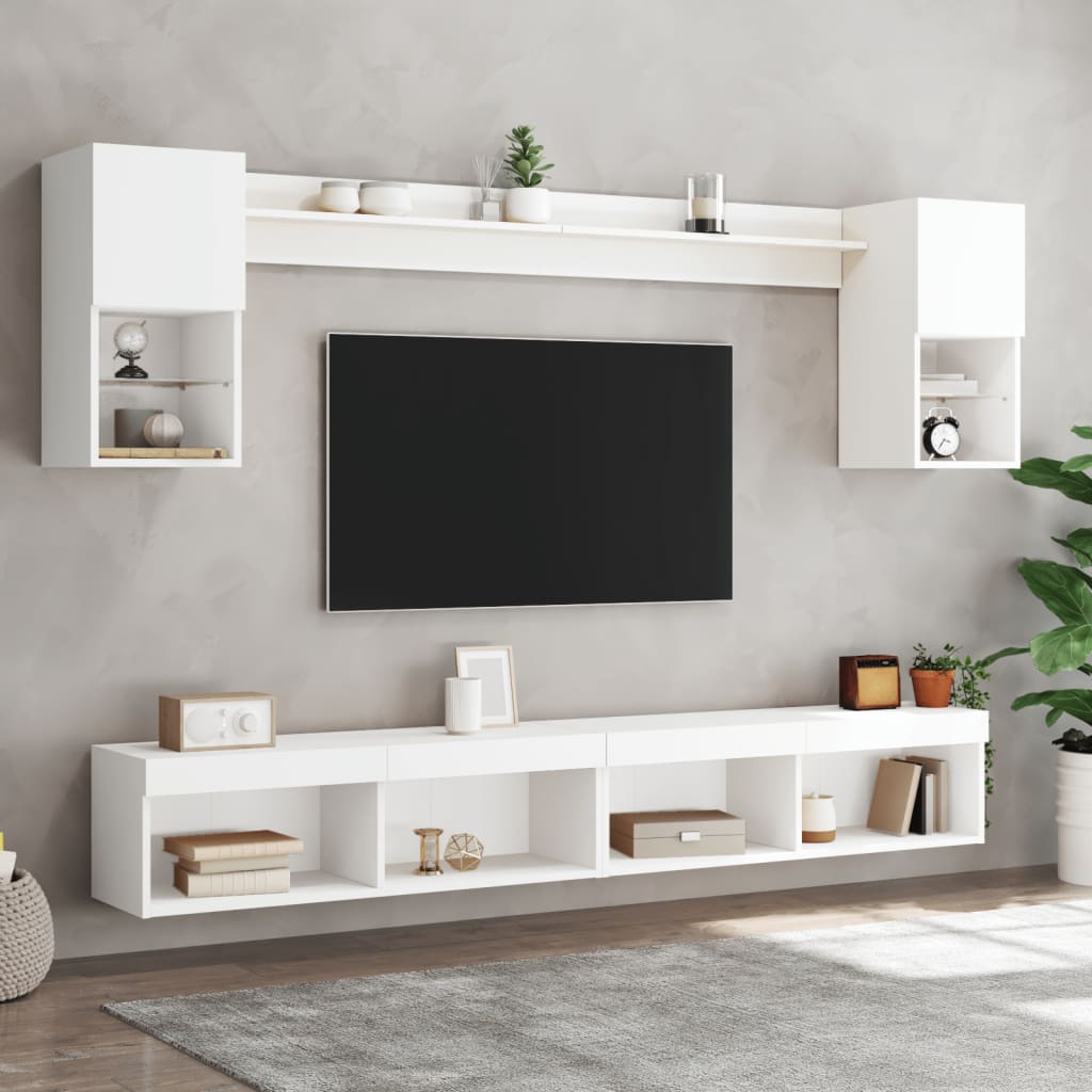 6-delige Tv-wandmeubelset met LED-verlichting bewerkt hout wit