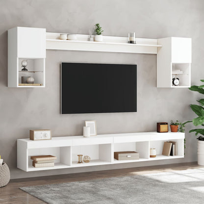 6-delige Tv-wandmeubelset met LED-verlichting bewerkt hout wit