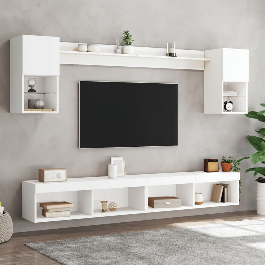 6-delige Tv-wandmeubelset met LED-verlichting bewerkt hout wit