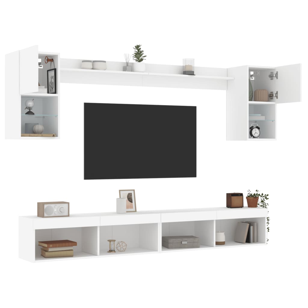 6-delige Tv-wandmeubelset met LED-verlichting bewerkt hout wit