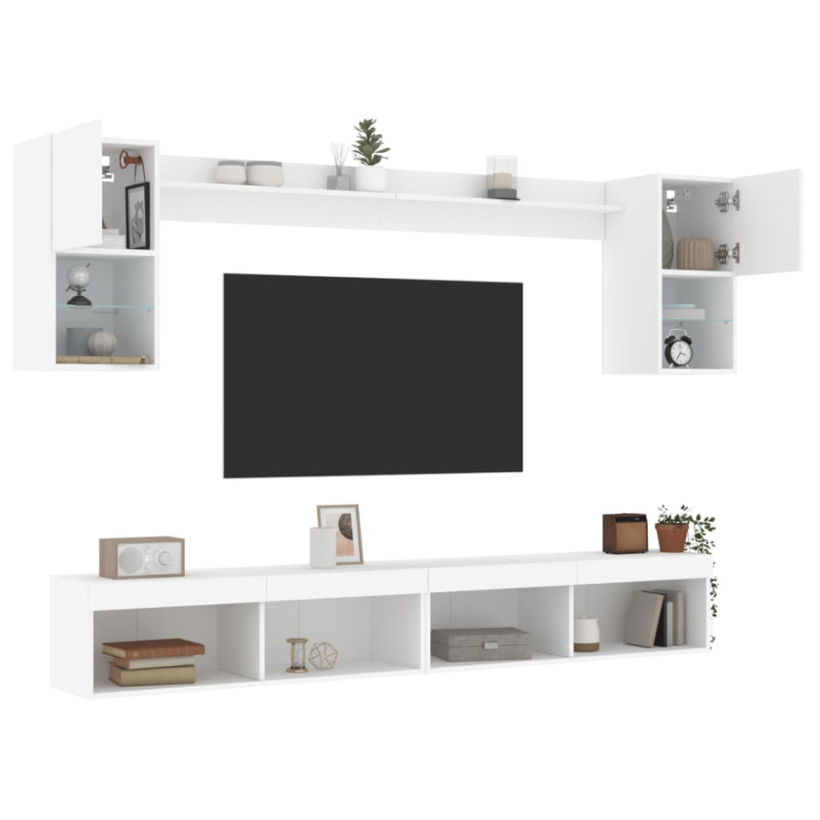 6-delige Tv-wandmeubelset met LED-verlichting bewerkt hout wit