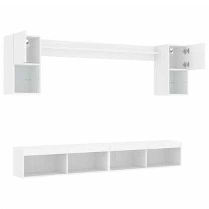6-delige Tv-wandmeubelset met LED-verlichting bewerkt hout wit