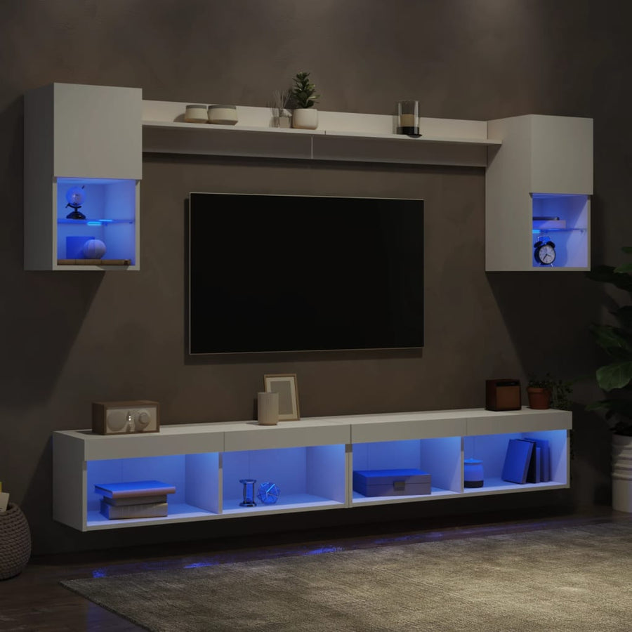 6-delige Tv-wandmeubelset met LED-verlichting bewerkt hout wit