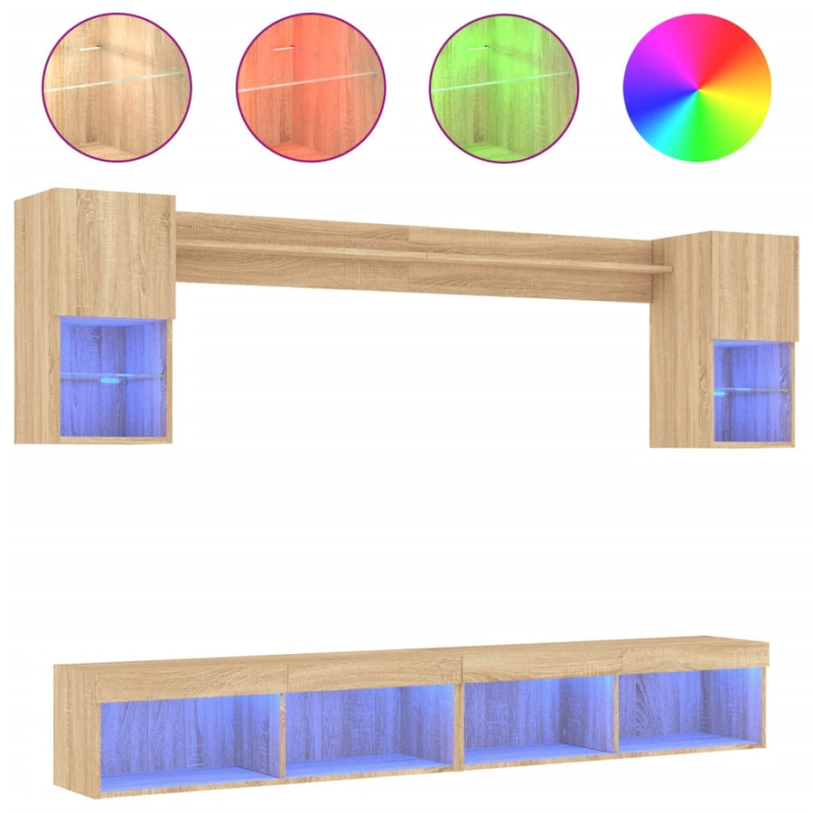 6-delige Tv-wandmeubelset met LED bewerkt hout sonoma eiken