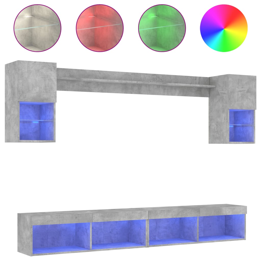 6-delige Tv-wandmeubelset met LED bewerkt hout betongrijs