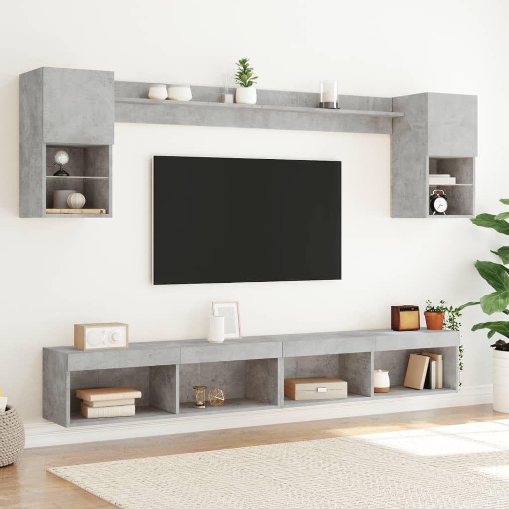 6-delige Tv-wandmeubelset met LED bewerkt hout betongrijs
