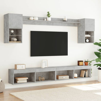 6-delige Tv-wandmeubelset met LED bewerkt hout betongrijs