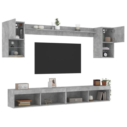 6-delige Tv-wandmeubelset met LED bewerkt hout betongrijs