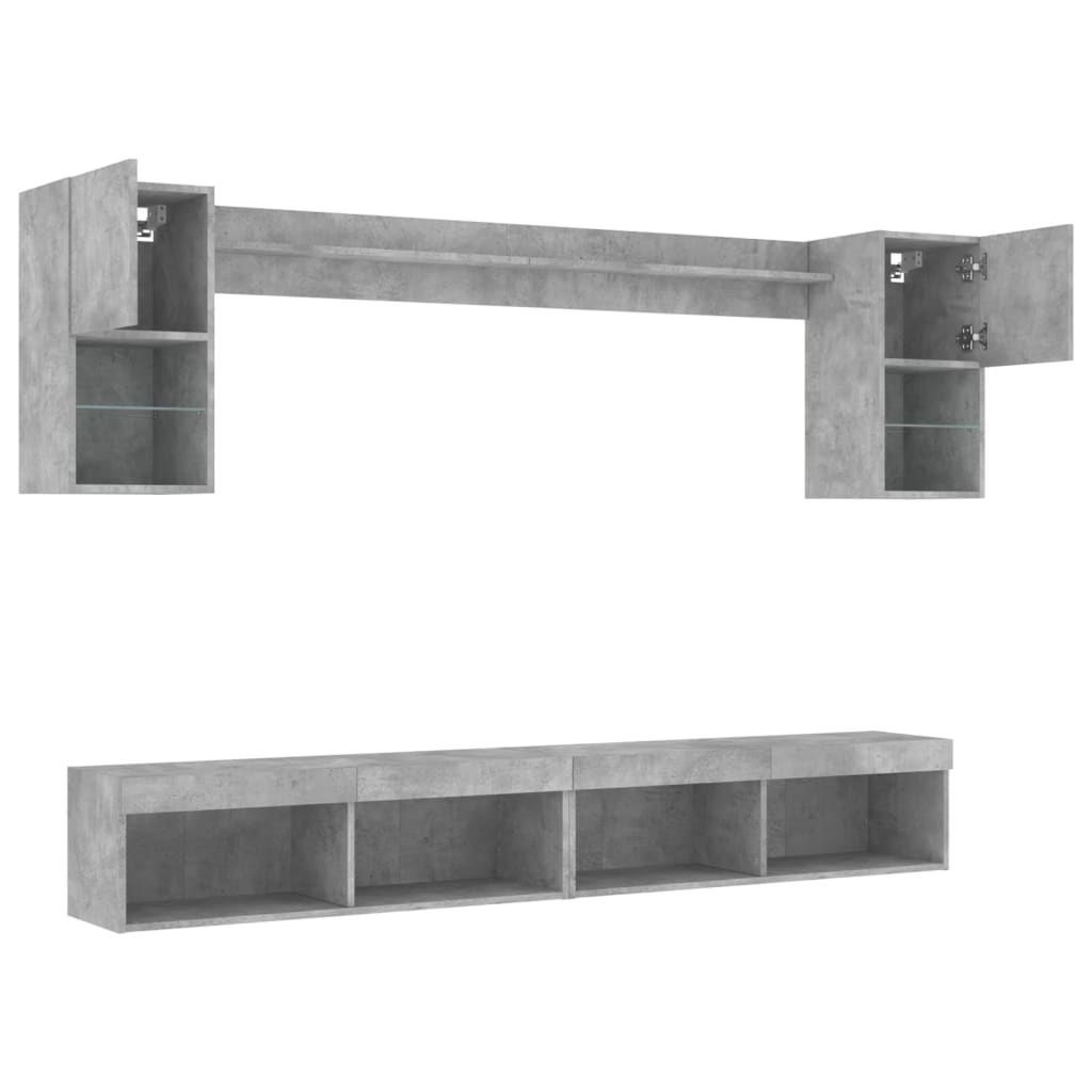 6-delige Tv-wandmeubelset met LED bewerkt hout betongrijs
