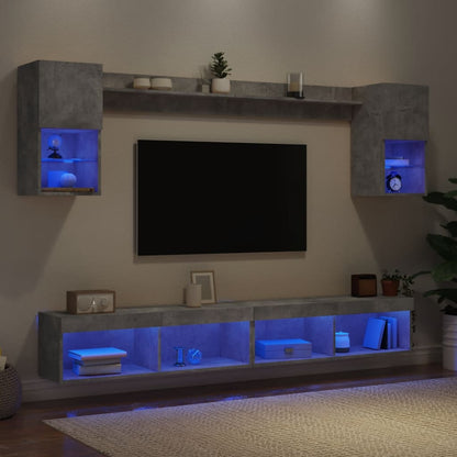 6-delige Tv-wandmeubelset met LED bewerkt hout betongrijs