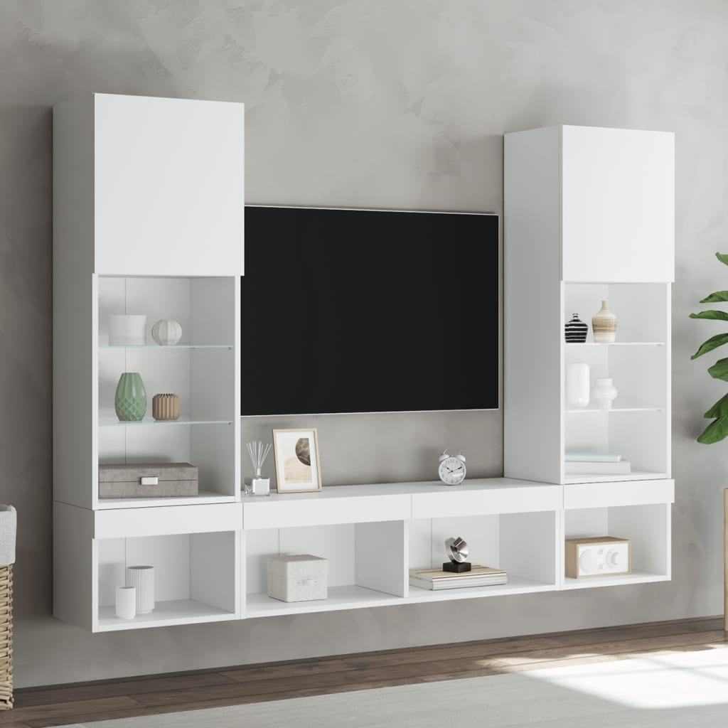 5-Delige Tv-Wandmeubelset Met Led-Verlichting Bewerkt Hout Wit
