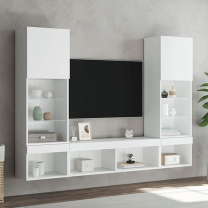 5-Delige Tv-Wandmeubelset Met Led-Verlichting Bewerkt Hout Wit